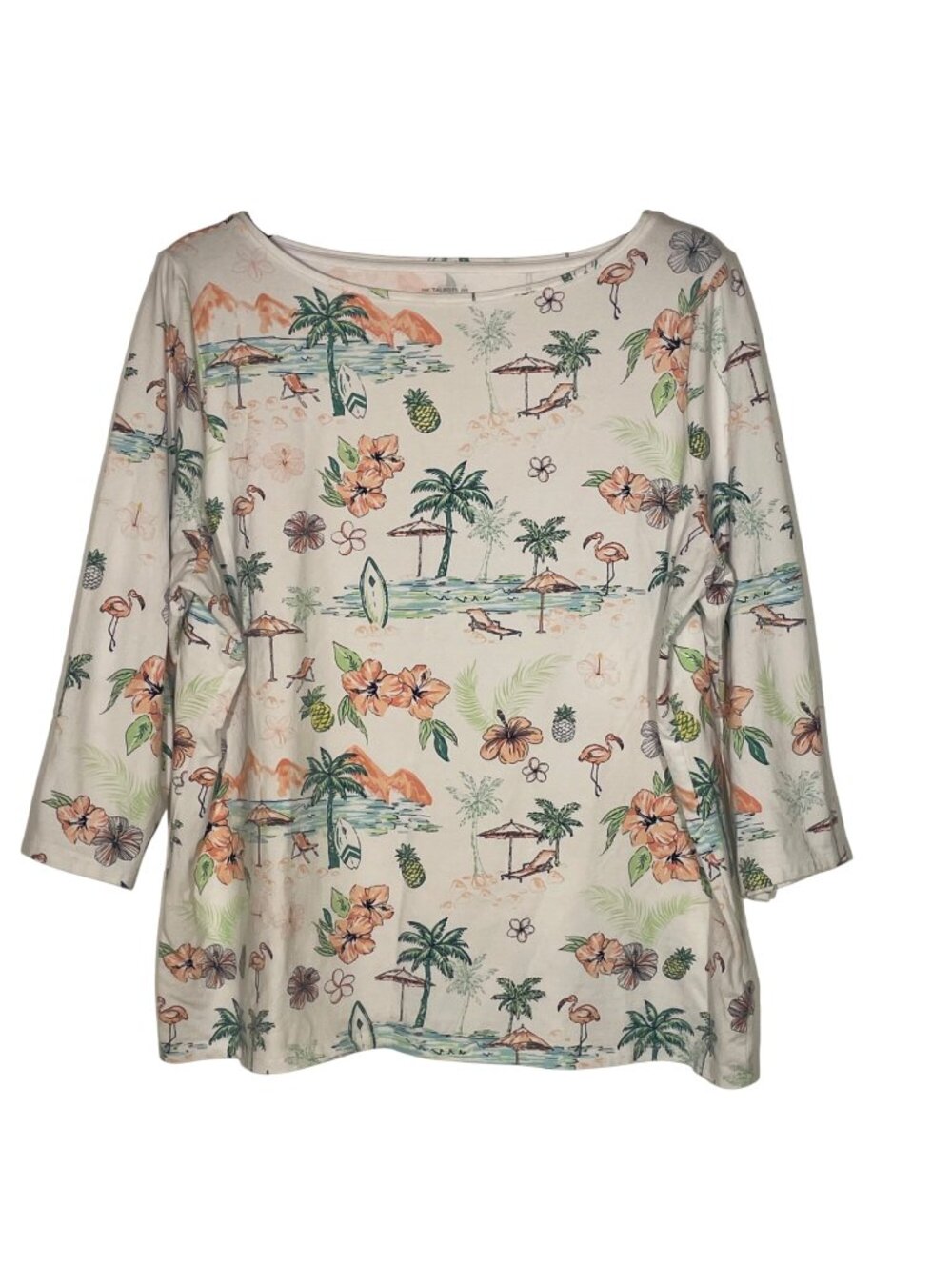 The Talbots Tee Tropical Island Floral Flamingo Surf Cotton Stretch Top Sz 2X